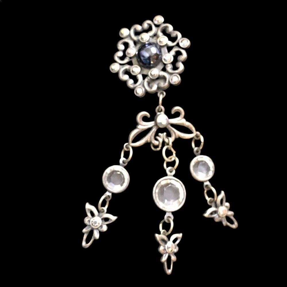 Banana Bob ox silver faux hematite crystal filagree chandelier clip earrings